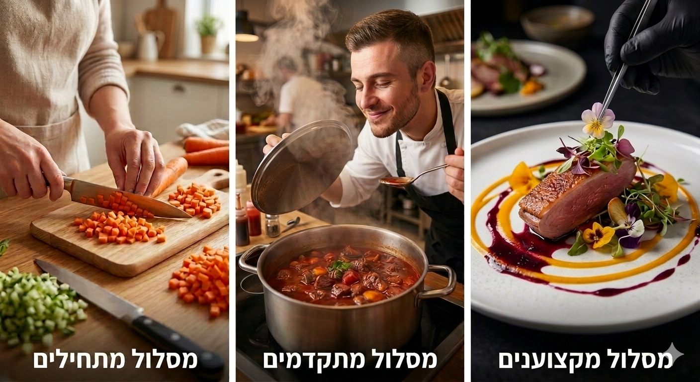3 מסלולי אימון קולינרי — מתחילים, מתקדמים, מקצוענים