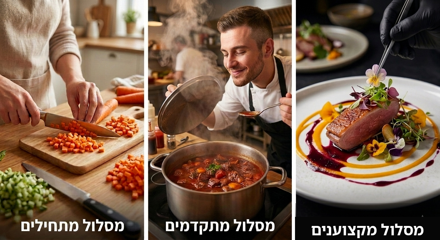 3 מסלולי אימון קולינרי — מתחילים, מתקדמים, מקצוענים